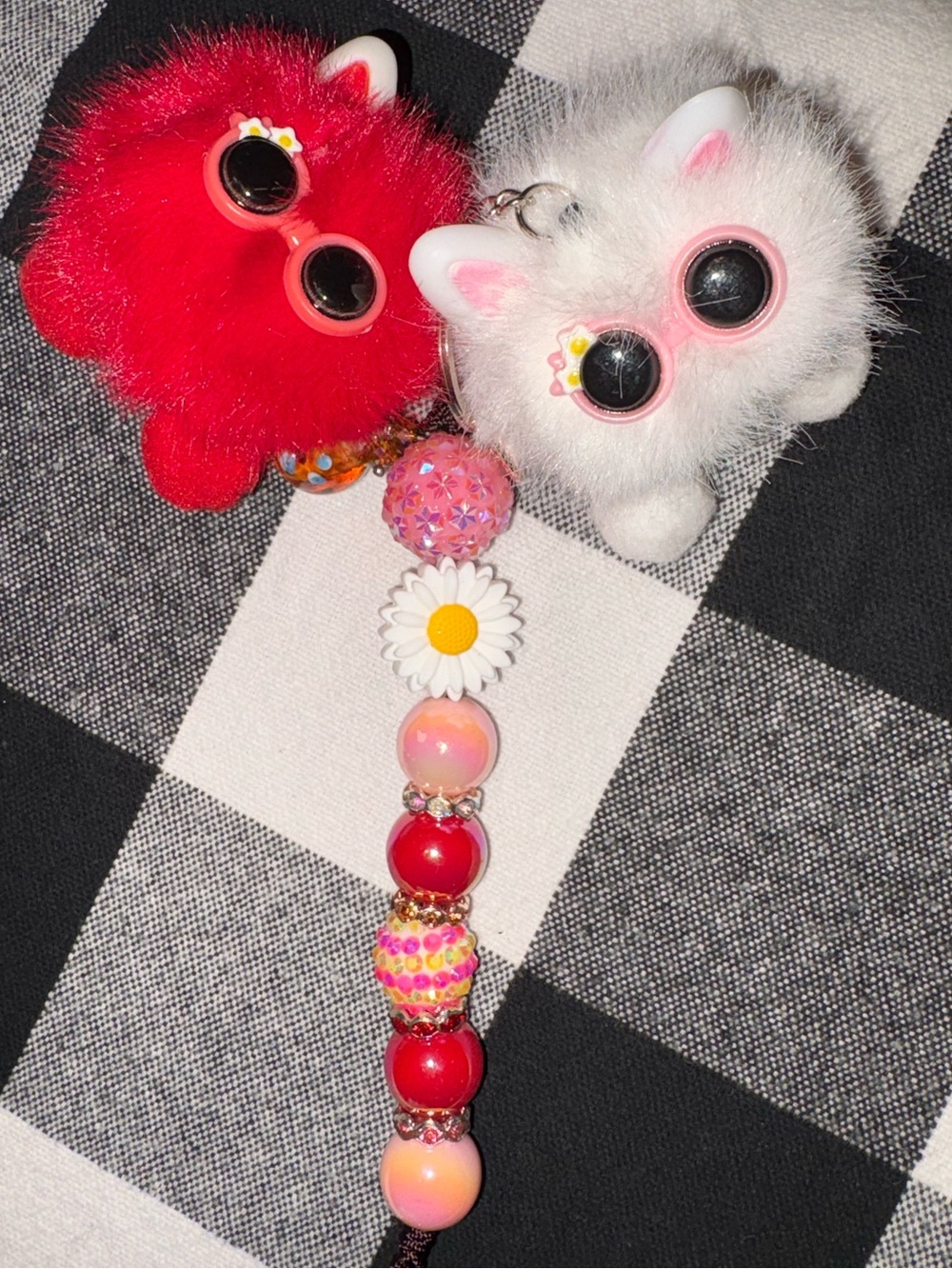 Plush red and white bag charm with daisy beaded bag charm key chain